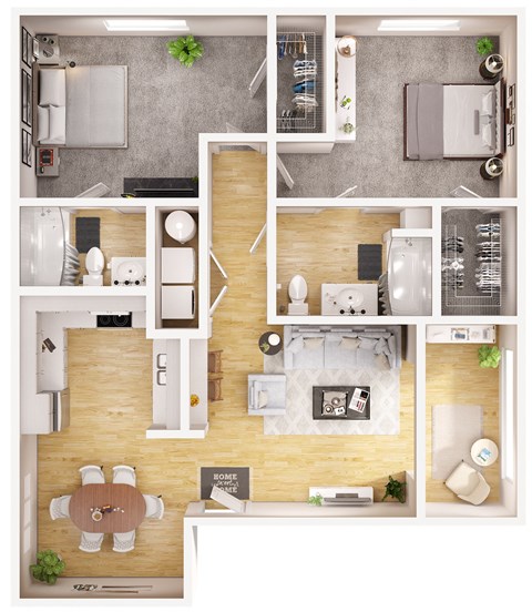 Floor plan for 2 beds, 2 baths, 1035 sqft